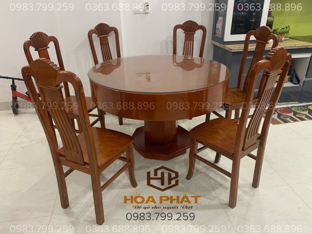 Bộ bàn ăn 6 ghế gỗ sồi mặt kính xoay, thiết kế tròn tiện dụng và sang trọng