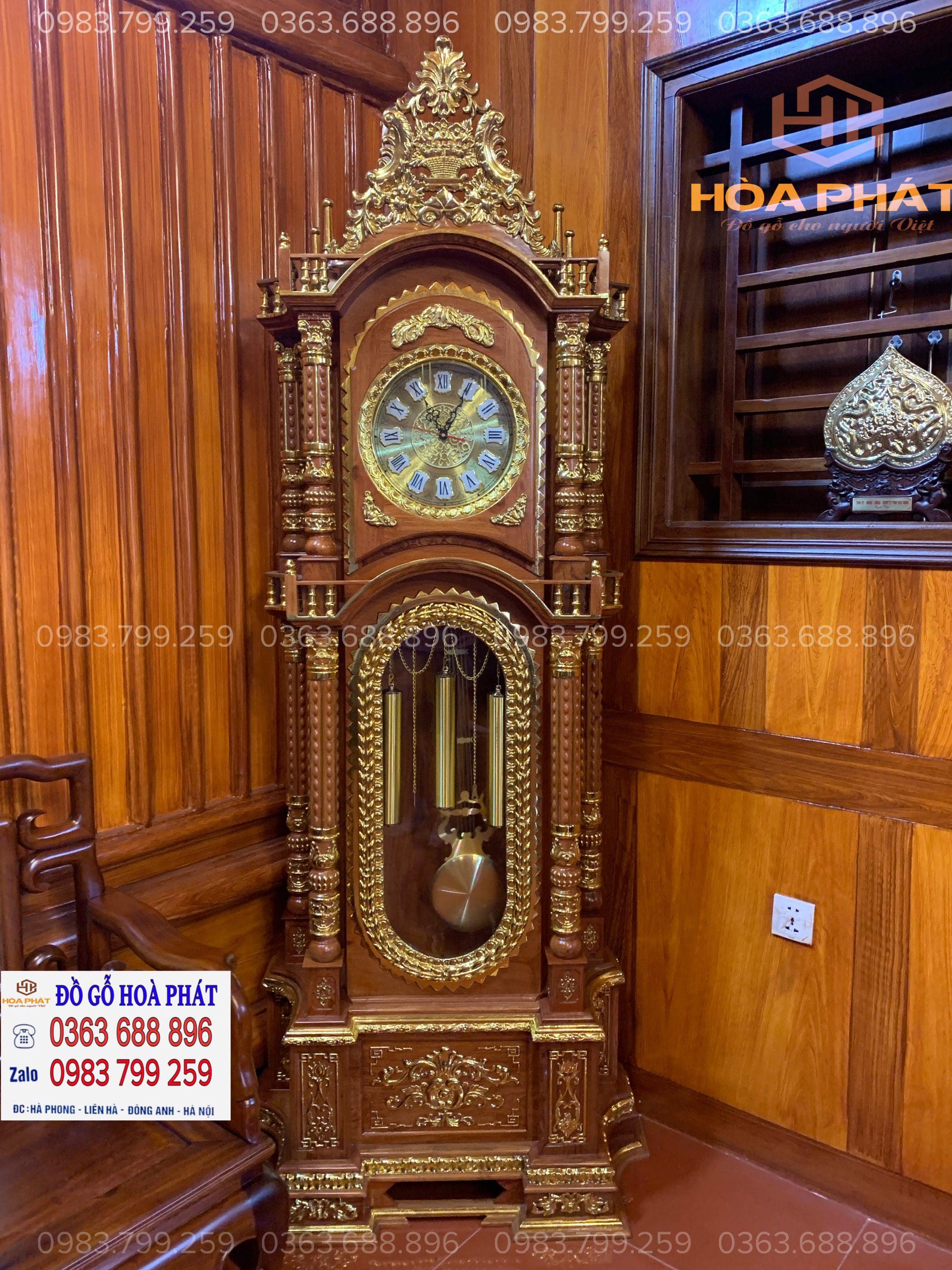Đồng hồ cây gỗ hương đá dát vàng nổi bật