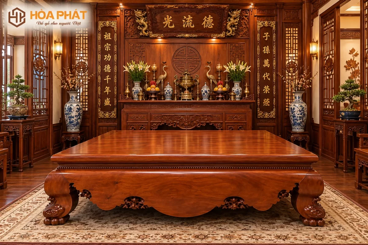 Sập Thờ Trơn Gỗ Gụ kết hợp cùng nội thất gỗ tạo không gian thờ gia tiên trang nghiêm và đồng bộ.