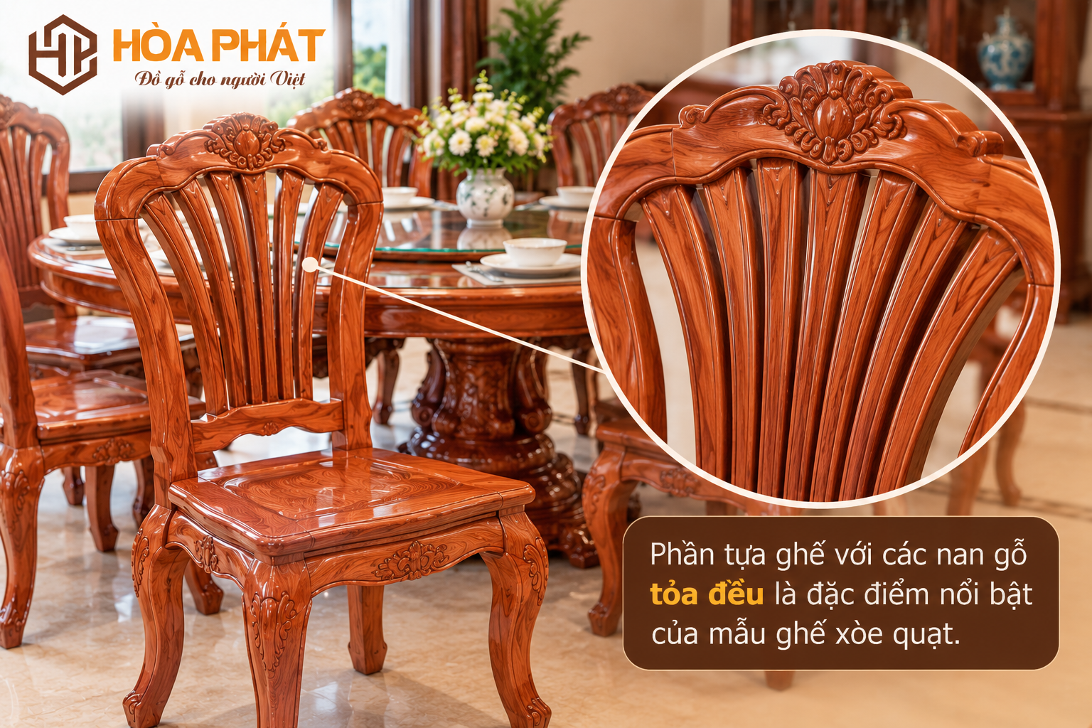 Phần tựa ghế với các nan gỗ tỏa đều là đặc điểm nổi bật của mẫu ghế xòe quạt.