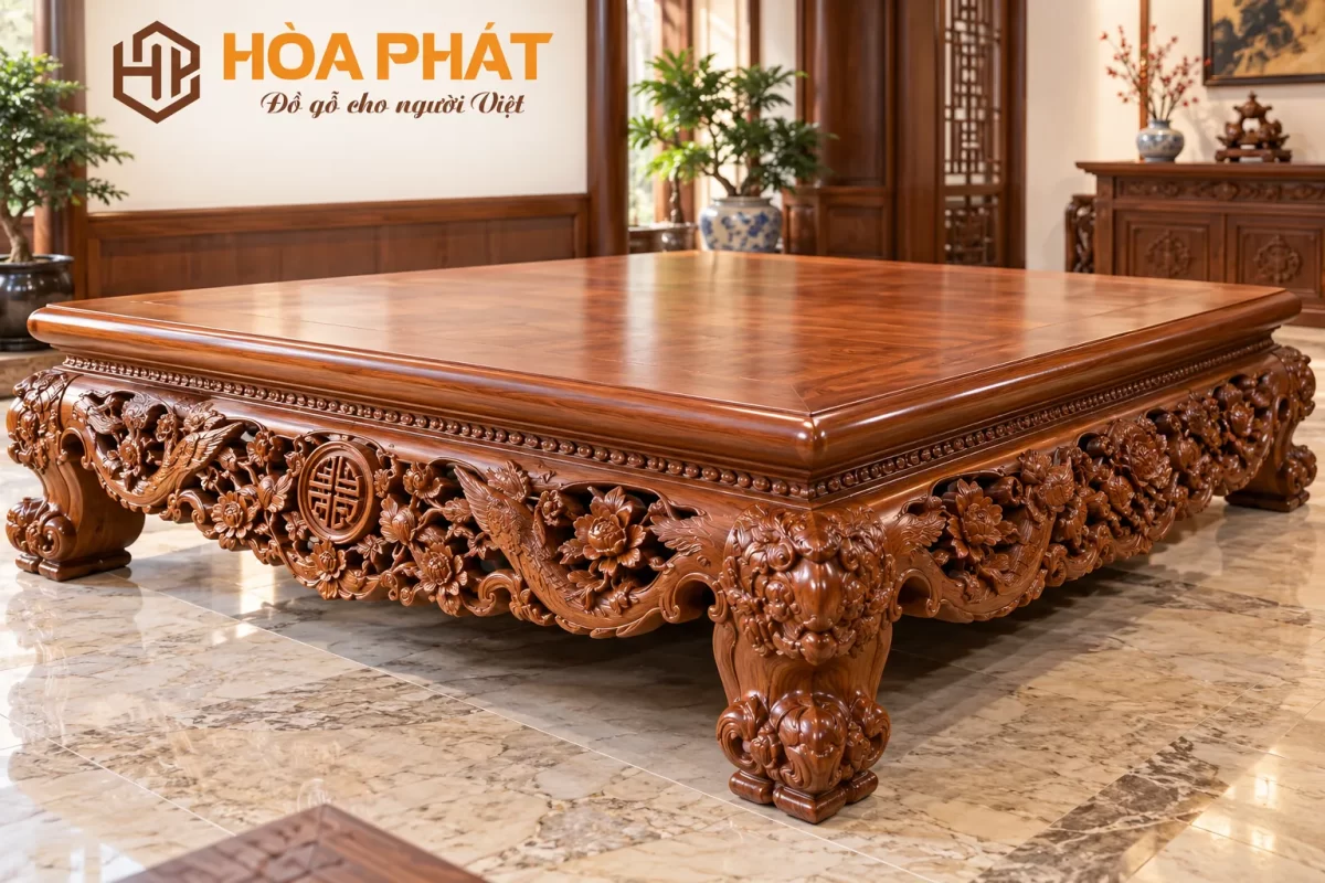 Chi tiết chạm khắc thủ công trên Sập Gỗ mang đậm nét đồ gỗ truyền thống