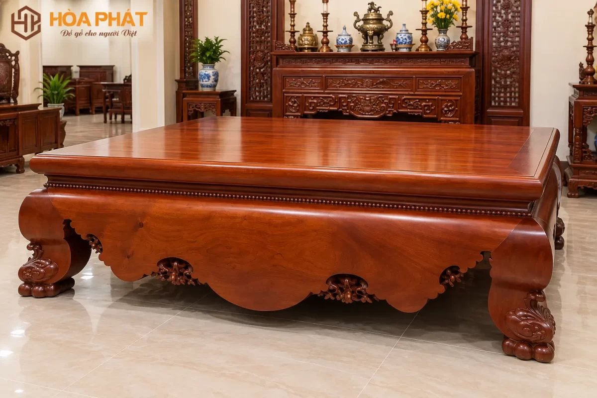 Sập Thờ Trơn Gỗ Gụ nguyên khối với thiết kế trơn, chân quỳ bề thế và màu gỗ tự nhiên sang trọng.