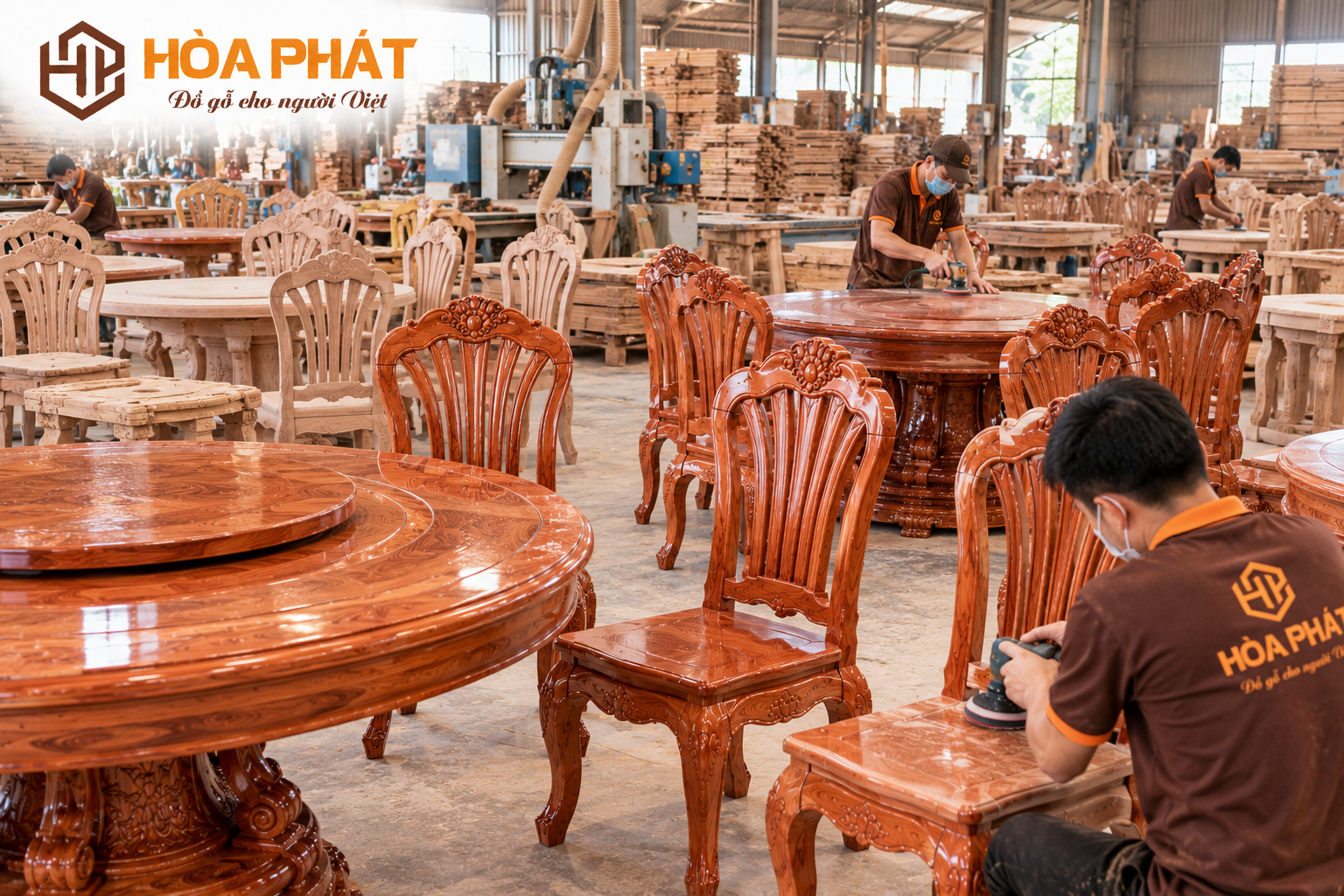 Xưởng sản xuất và hoàn thiện bàn ghế gỗ tự nhiên của Đồ Gỗ Hòa Phát.