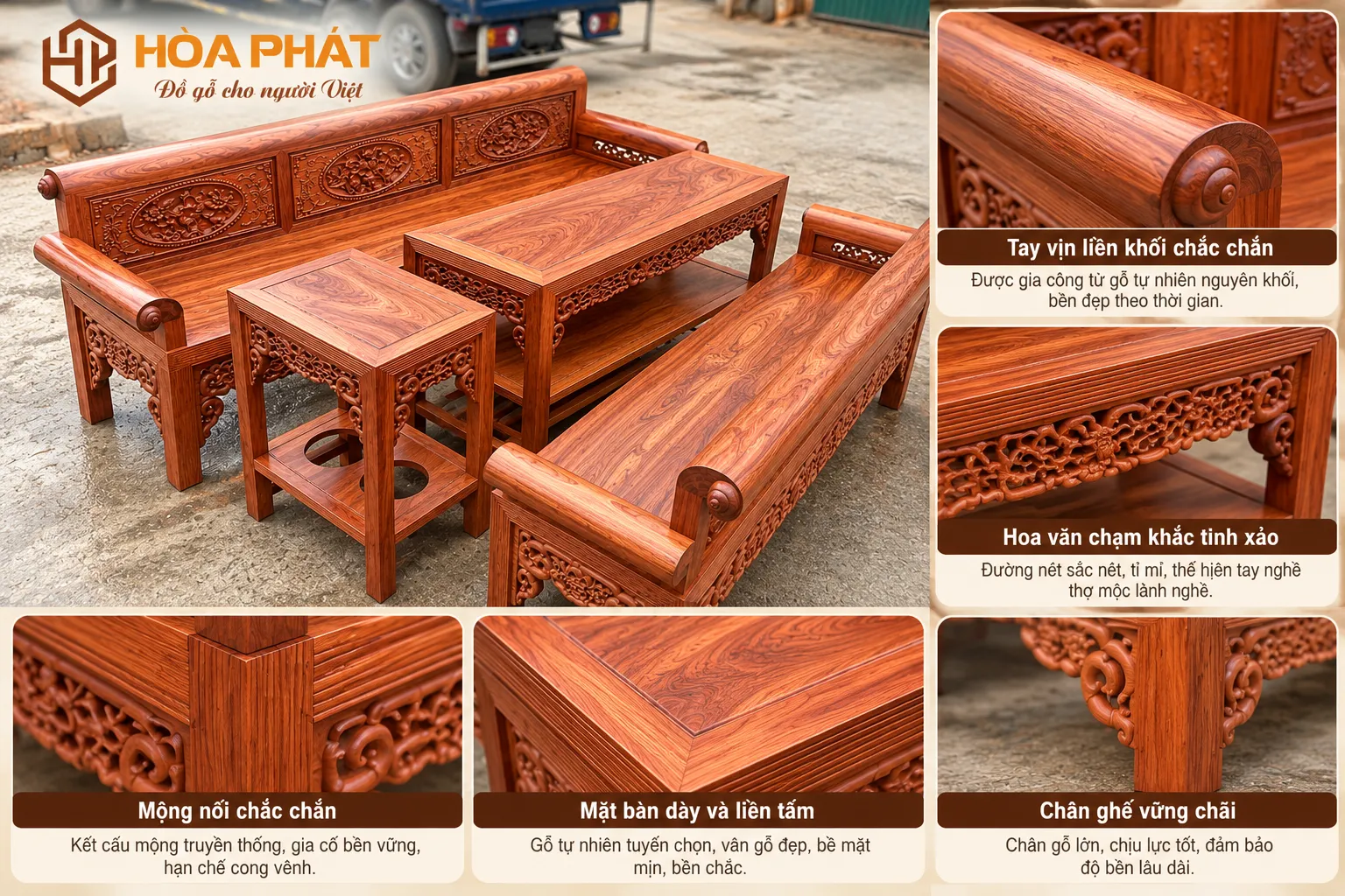 Top 10 Mẫu Bàn Ghế Gỗ Phòng Khách Đẹp, Sang Trọng Đáng Tham Khảo Bộ trường kỷ gỗ hương đá Nam Phi với vân gỗ nổi bật, thích hợp cho phòng khách rộng.