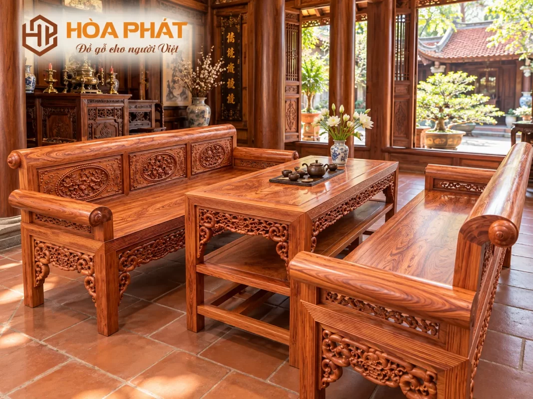 Trường kỷ gỗ tam cấp kết hợp cùng tủ chè và bàn trà tạo nên không gian tiếp khách đậm nét truyền thống Việt Nam.