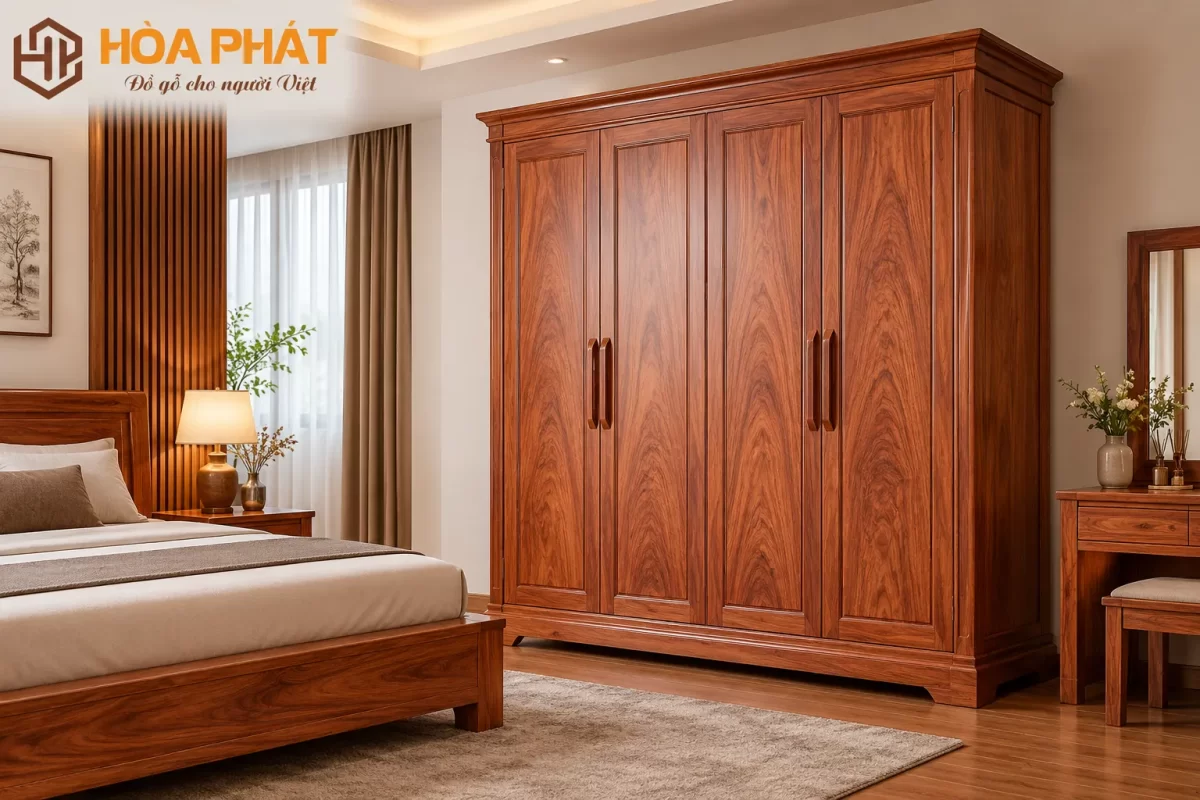 Tủ Quần Áo 3 Buồng 4 Cánh Gỗ Hương Đá hài hòa với không gian phòng ngủ sử dụng nội thất gỗ tự nhiên.