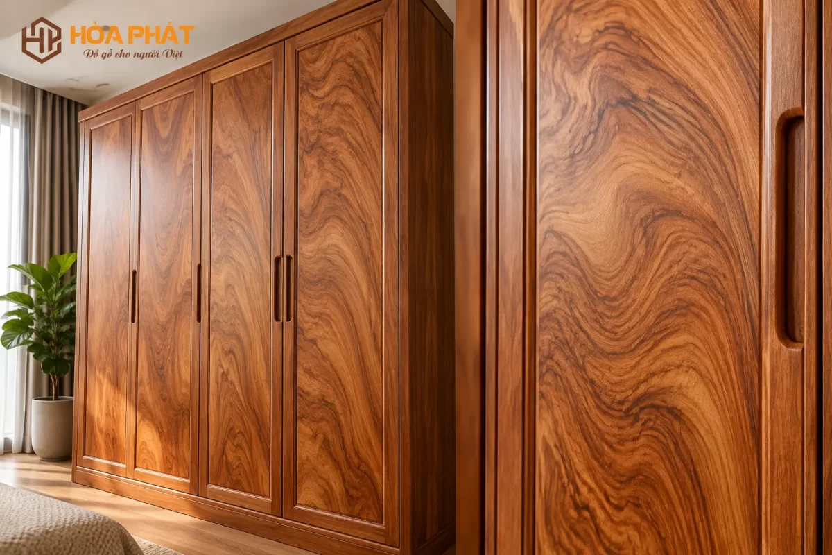 Cánh tủ gỗ tự nhiên được xử lý chỉn chu, làm nổi bật vẻ đẹp của vân Hương Đá.