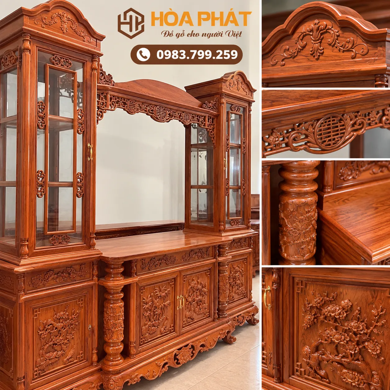 Cận cảnh vân gỗ hương đá và các chi tiết được hoàn thiện thủ công.