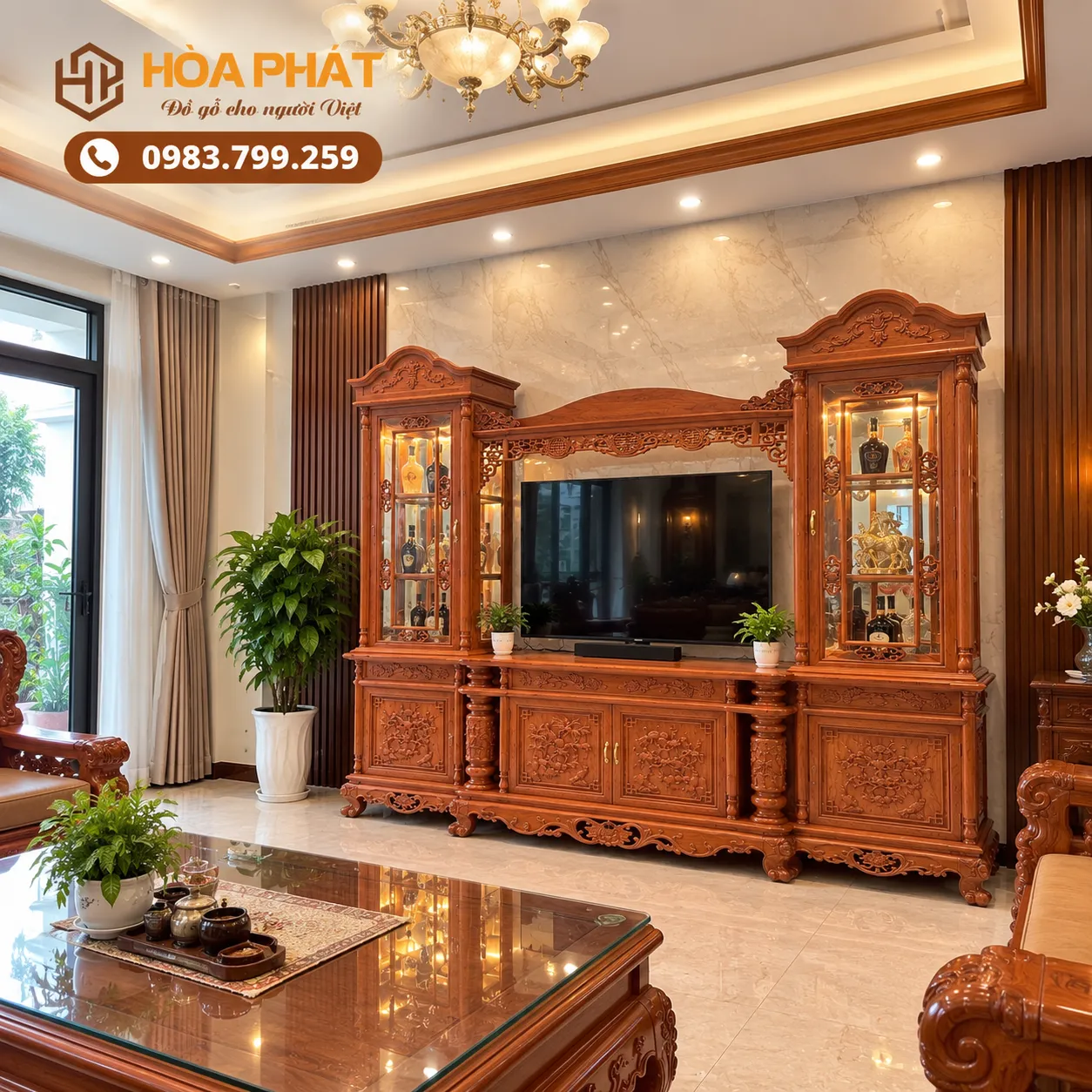 Mẫu kệ phù hợp với phòng khách nhà phố, nhà riêng và không gian nội thất gỗ tự nhiên.
