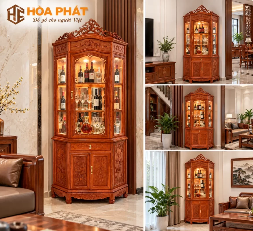 Tủ Rượu Góc 60 Gỗ Hương Đá phù hợp nhiều không gian phòng khách