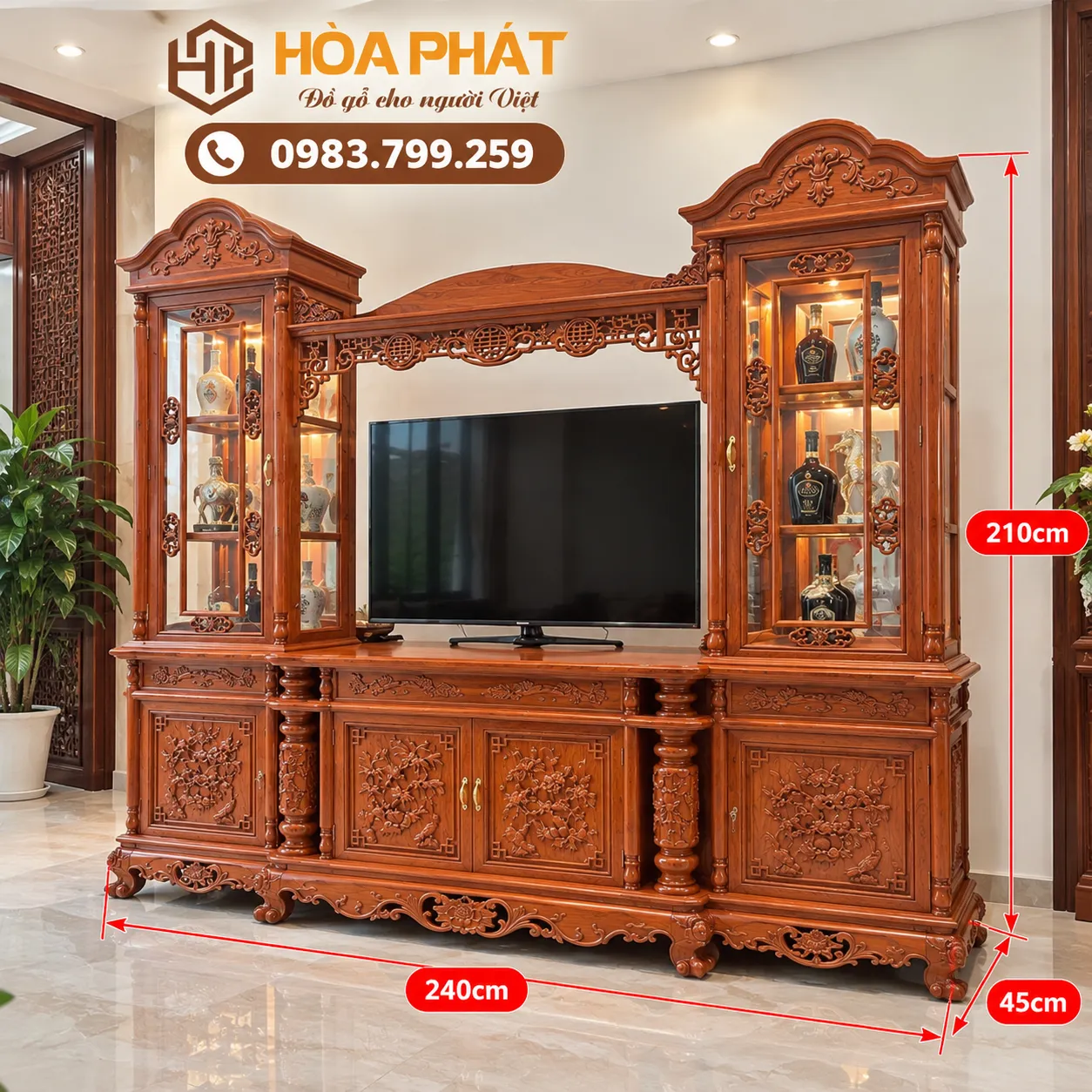 Kệ tivi tủ rượu gỗ hương đá kích thước 240cm x 210cm x 45cm.