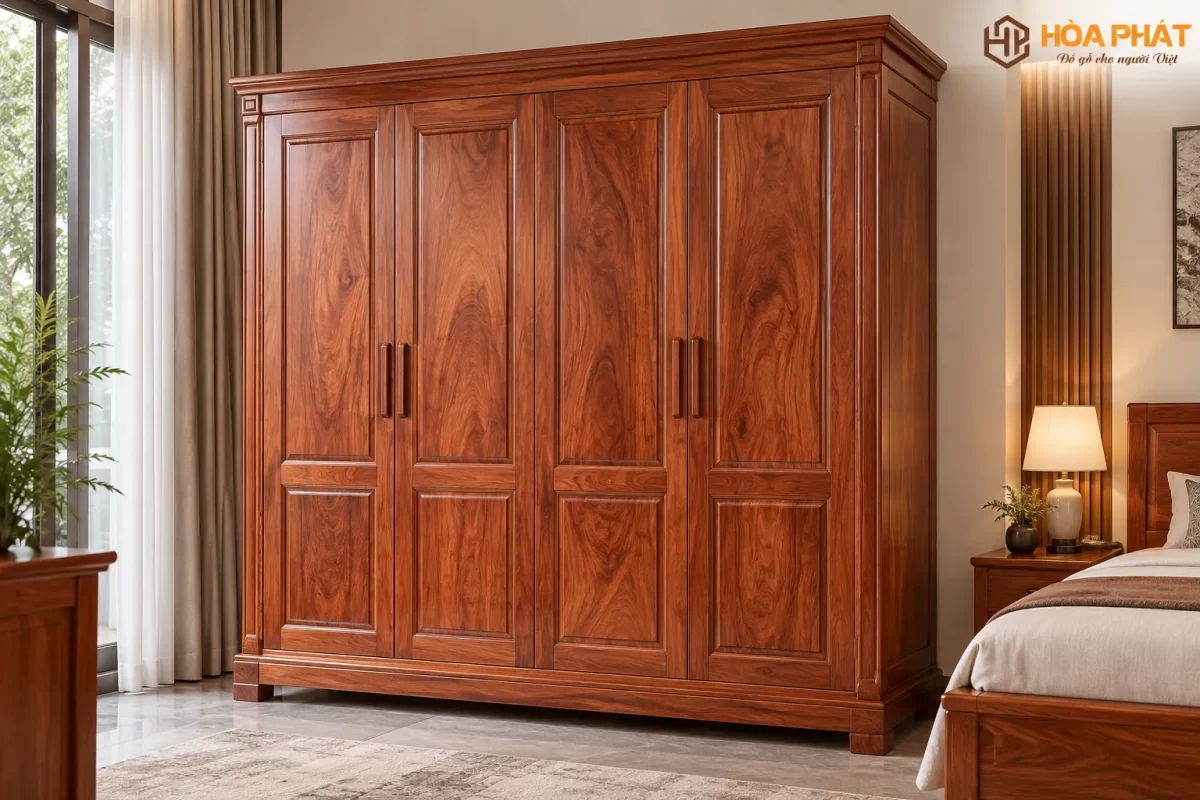 Tủ Quần Áo 3 Buồng 4 Cánh Gỗ Hương Đá thiết kế chắc chắn, sang trọng cho phòng ngủ.