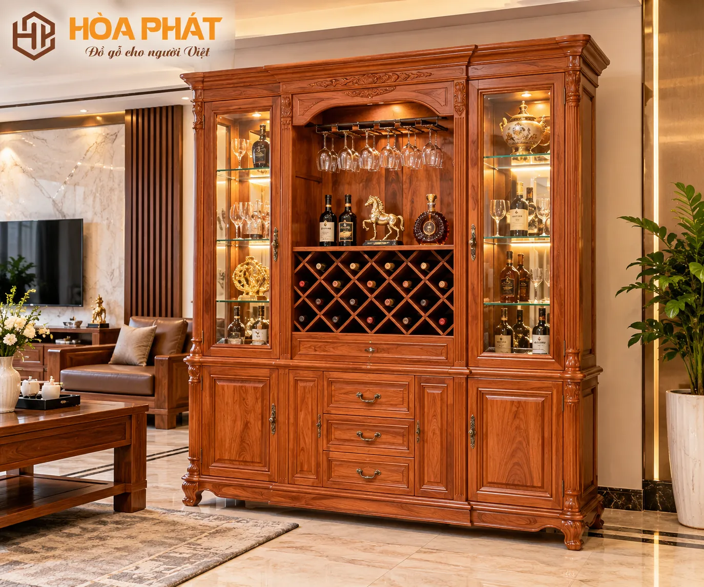 Tủ Rượu Gỗ Gõ Đỏ KT 1m4 x 2m nổi bật với màu gỗ tự nhiên và thiết kế sang trọng.