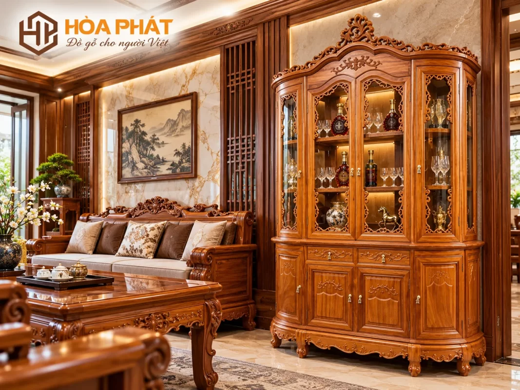 Tủ Rượu Vòm Gỗ (Gõ+Hương) Tủ Rượu Vòm Gỗ kết hợp hài hòa với nội thất gỗ trong phòng khách