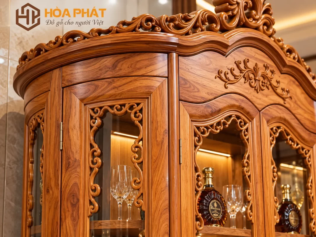 Tủ Rượu Vòm Gỗ (Gõ+Hương) Vân gỗ tự nhiên tạo chiều sâu và vẻ đẹp riêng cho Tủ Rượu Vòm Gỗ