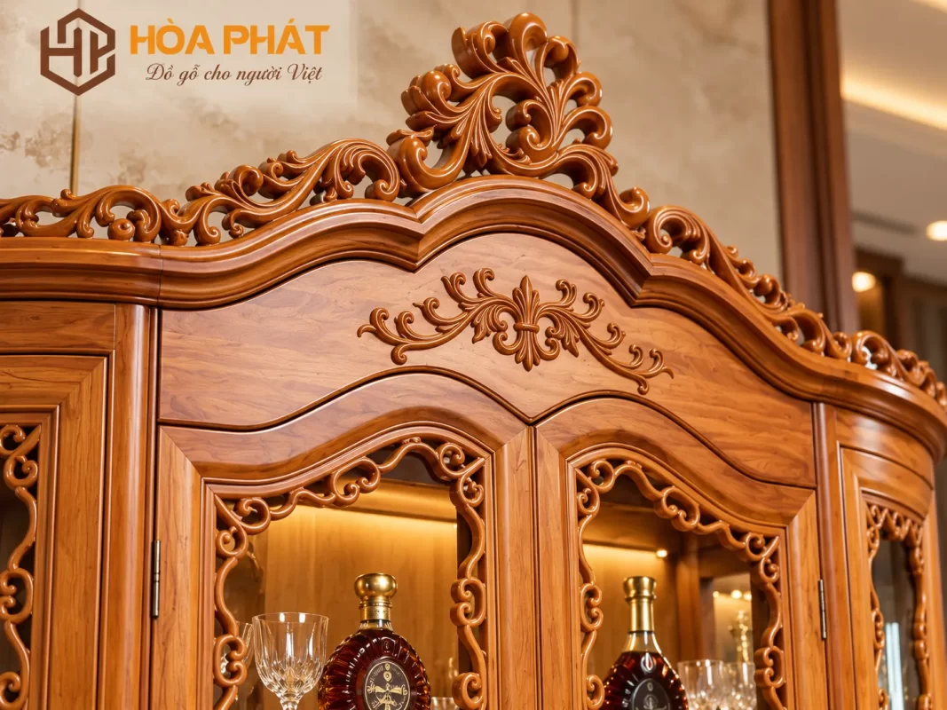 Tủ Rượu Vòm Gỗ (Gõ+Hương) Chi tiết vòm cong tạo điểm nhấn mềm mại cho Tủ Rượu Vòm Gỗ