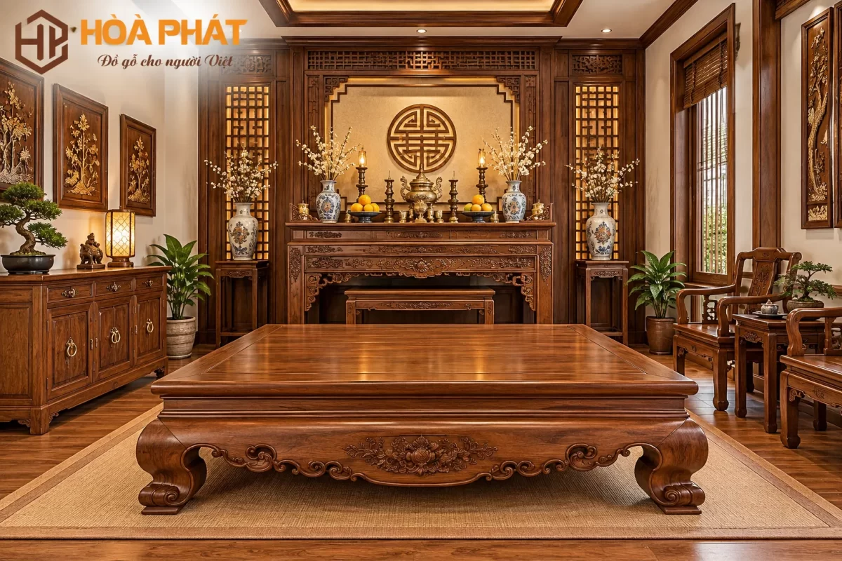 Không gian phòng thờ bố trí sập trơn, bàn thờ và nội thất đồng bộ