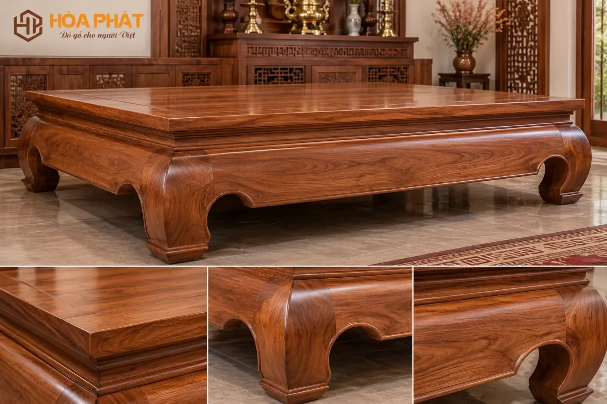 Chi tiết kết cấu sập thờ trơn với mặt sập, chân quỳ và phần yếm chắc chắn