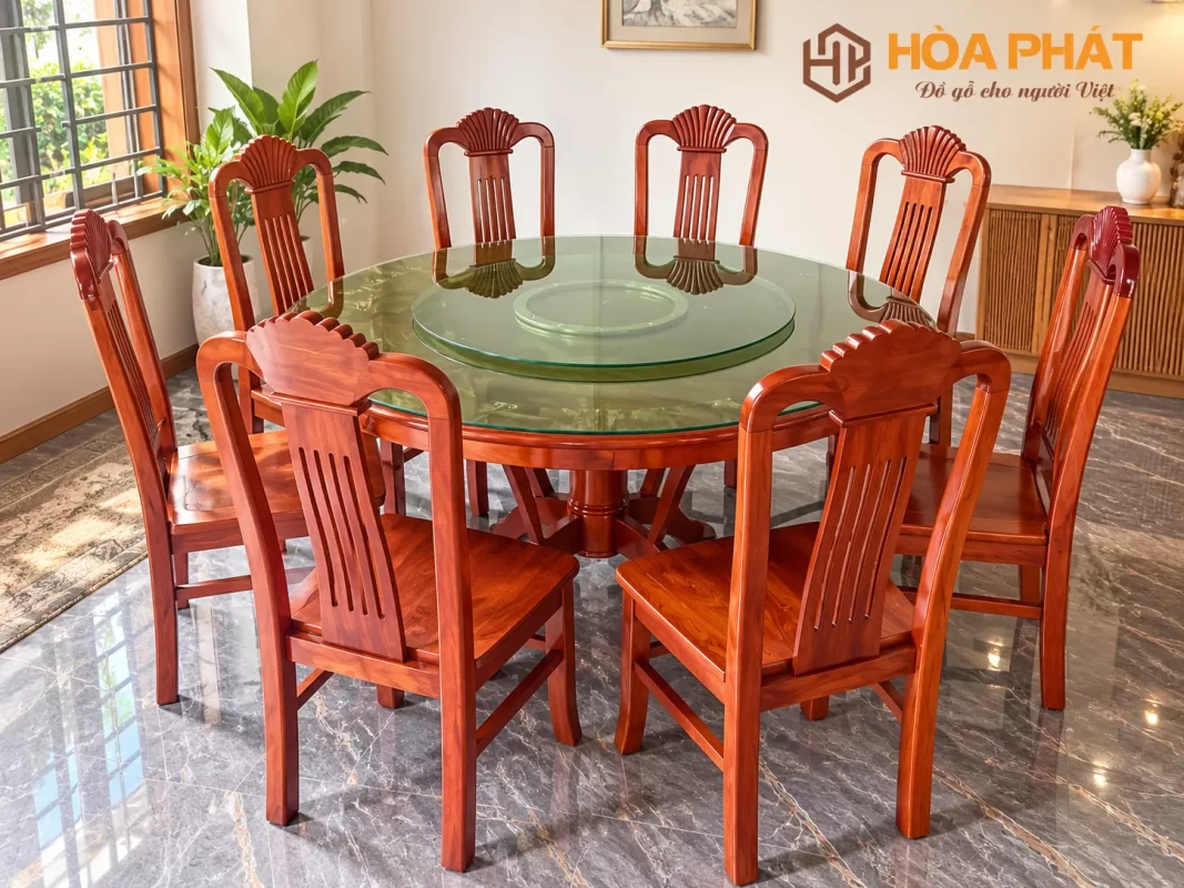 Mẫu Bộ Bàn Ăn 6 Ghế Gỗ Xoan Đào với thiết kế bàn tròn và 8 ghế đồng bộ