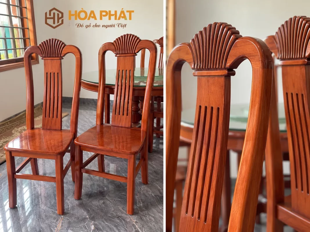 Thiết kế 8 ghế gỗ đồng bộ với tựa lưng cổ điển, tạo điểm nhấn cho phòng ăn