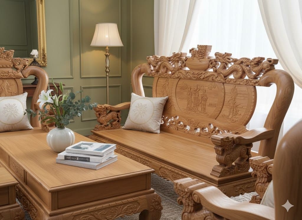 Bộ bàn ghế gỗ gõ đỏ tay 12 Bộ Bàn Ghế Gõ đỏ Tay 12 Mẫu 1 Hình 2