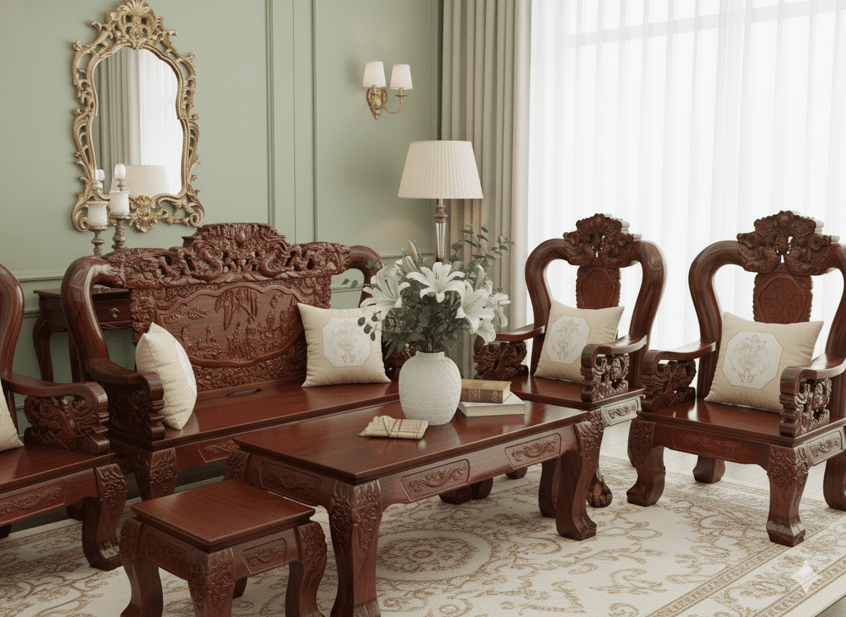 bộ bàn ghế gỗ gõ đỏ tay 16 Bộ Bàn Nghế Gõ đỏ Tay 16 Hình 02