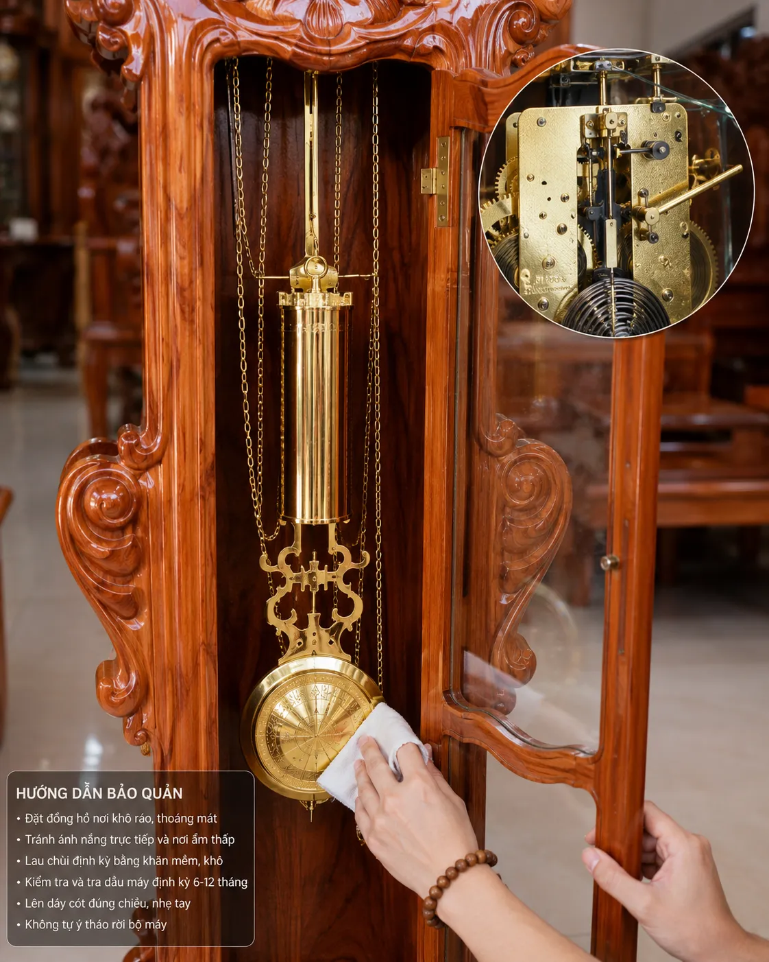 Đồng Hồ Cây Quả Lắc Gỗ Tự Nhiên | Đồ gỗ Hòa Phát Bảo quản đúng cách giúp đồng hồ cây quả lắc hoạt động ổn định và bền đẹp