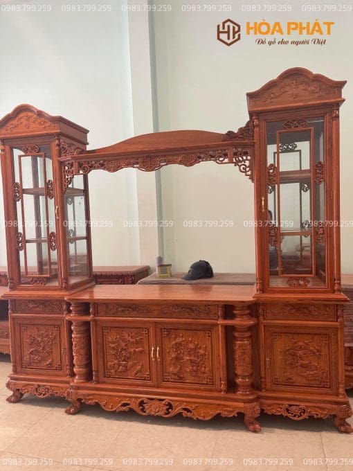 Kệ Tivi Kết Hợp Tủ Rượu Đôi 2 Tầng Gỗ Hương Đá
