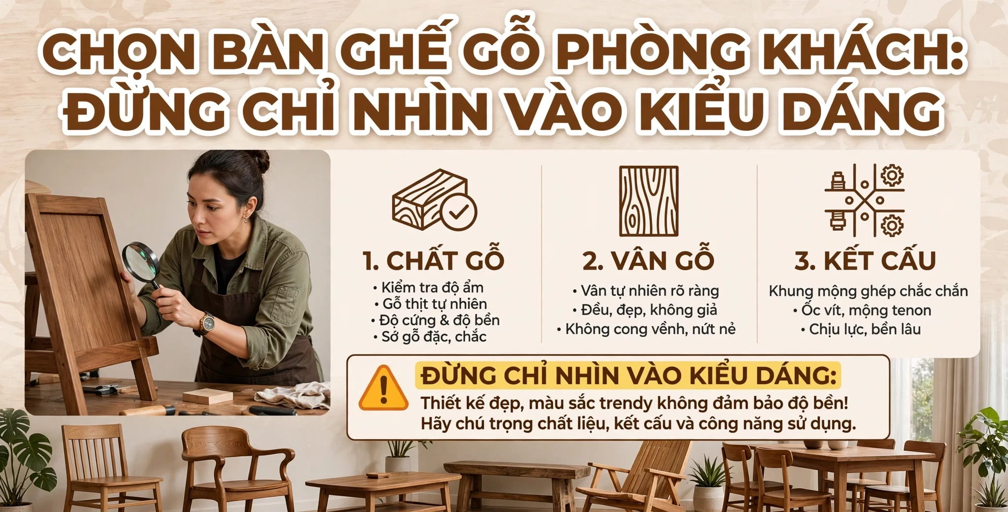 Chọn bàn ghế gỗ phòng khách: đừng chỉ nhìn vào kiểu dáng