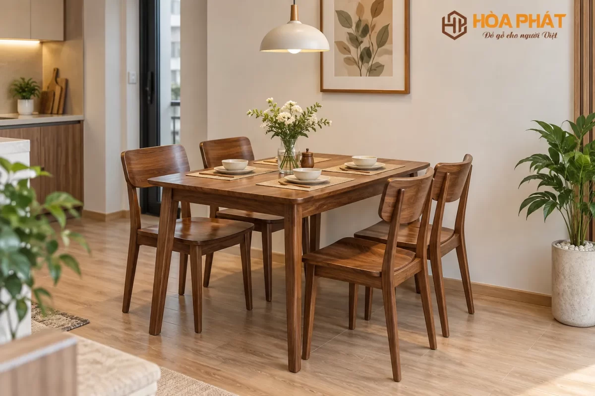 Bộ bàn ăn 4 ghế gỗ tự nhiên nhỏ gọn, phù hợp cho gia đình từ 2–4 thành viên