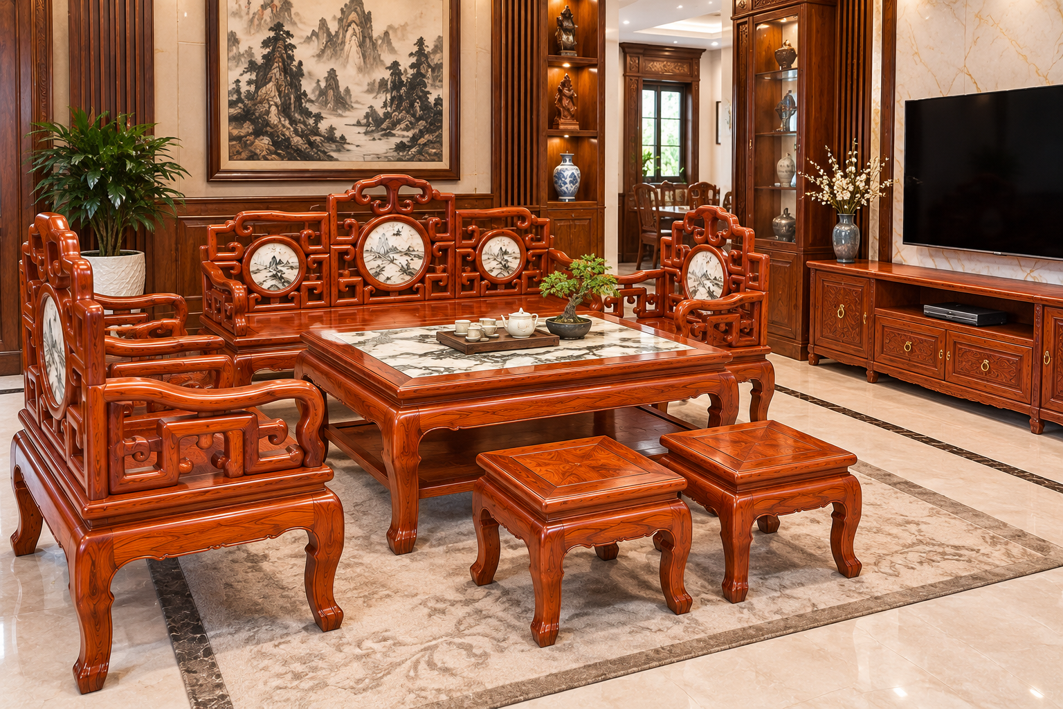 Top 10 Mẫu Bàn Ghế Gỗ Phòng Khách Đẹp, Sang Trọng Đáng Tham Khảo Bàn ghế móc mỏ gỗ hương đá gây ấn tượng với kiểu dáng đặc trưng và đường vân gỗ tự nhiên.