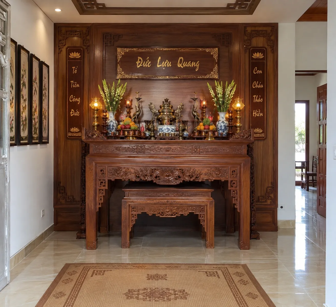 Bàn thờ gia tiên trong nhà cấp 4 được bố trí gọn gàng, trang nghiêm