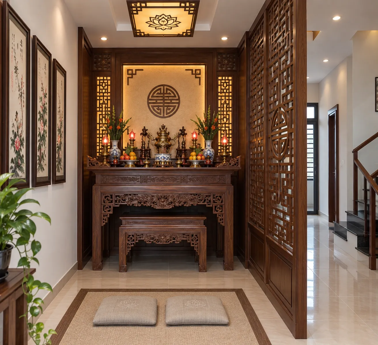 Không gian thờ cúng trong nhà ống được phân tách bằng vách ngăn phù hợp