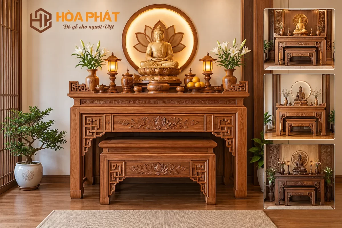 Bàn thờ Phật thường có thiết kế trang nghiêm, đơn giản và được bố trí phù hợp với không gian thờ phụng của gia đình.