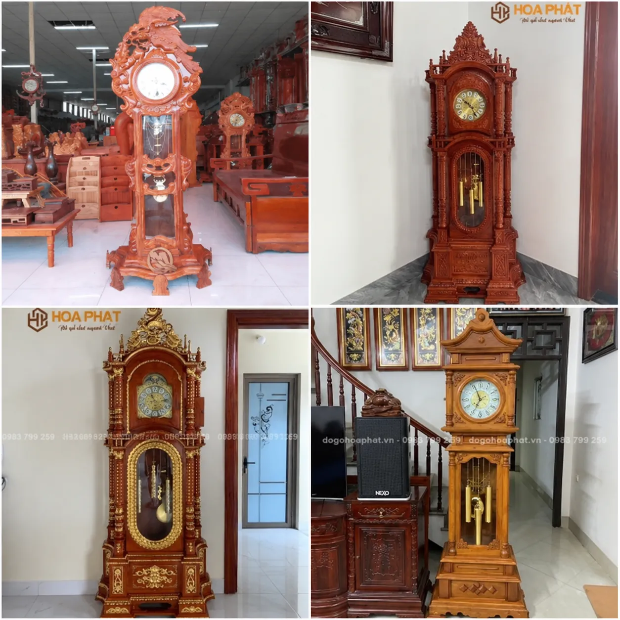 Các kiểu dáng đồng hồ cây: quả lắc, tứ trụ, dát vàng và Vuông Pháp