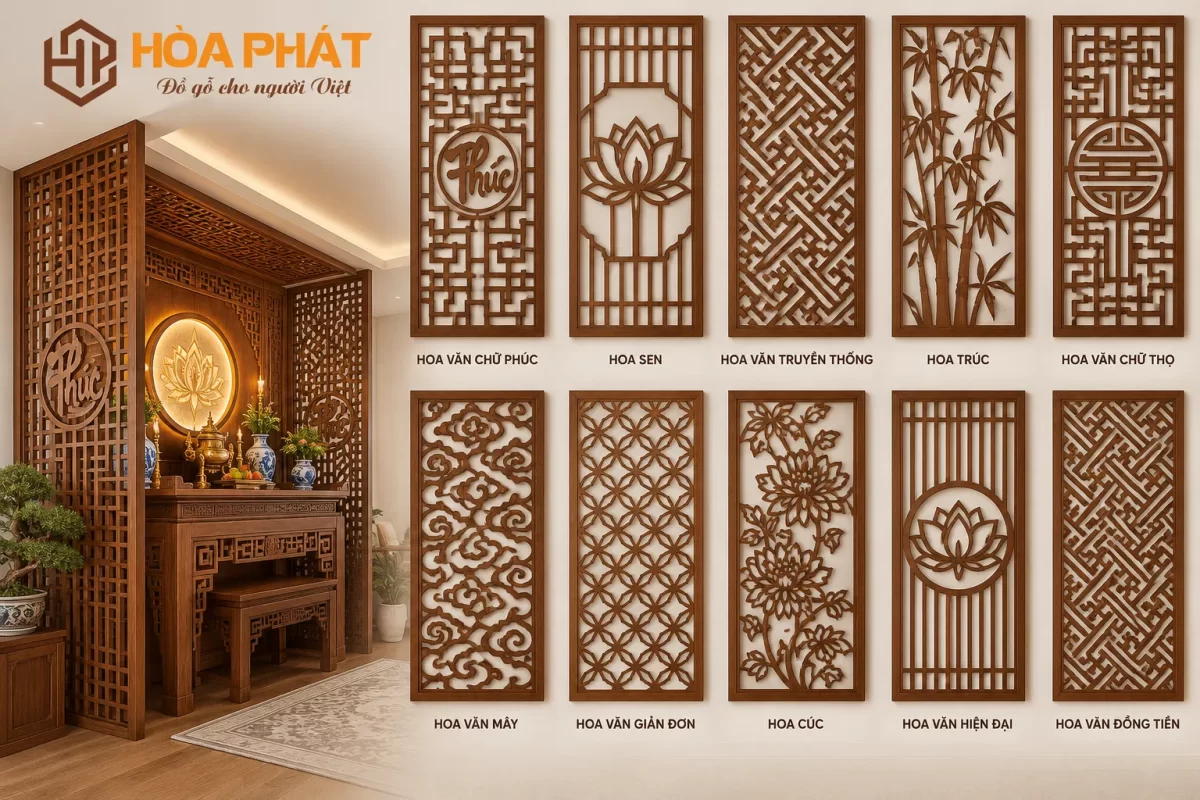 Các mẫu hoa văn Vách ngăn Phòng Thờ CNC có thể được lựa chọn theo phong cách nội thất và không gian thờ.