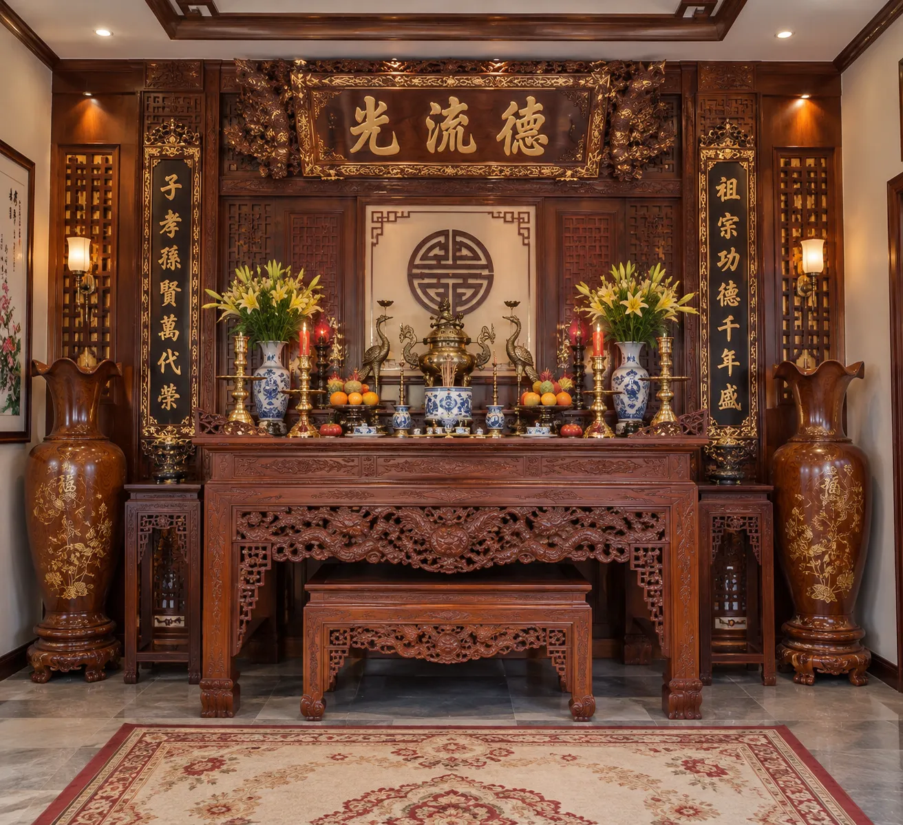 Gợi ý cách bố trí bàn thờ gia tiên đẹp, cân đối và trang nghiêm.
