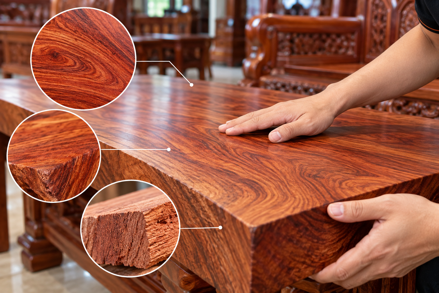 Cách nhận biết gỗ hương thật qua những đặc điểm tự nhiên của bề mặt gỗ.