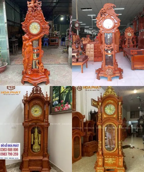 Đồng hồ cây gỗ tự nhiên với nhiều mẫu mã và mức giá từ khoảng 6,9–19 triệu đồng.