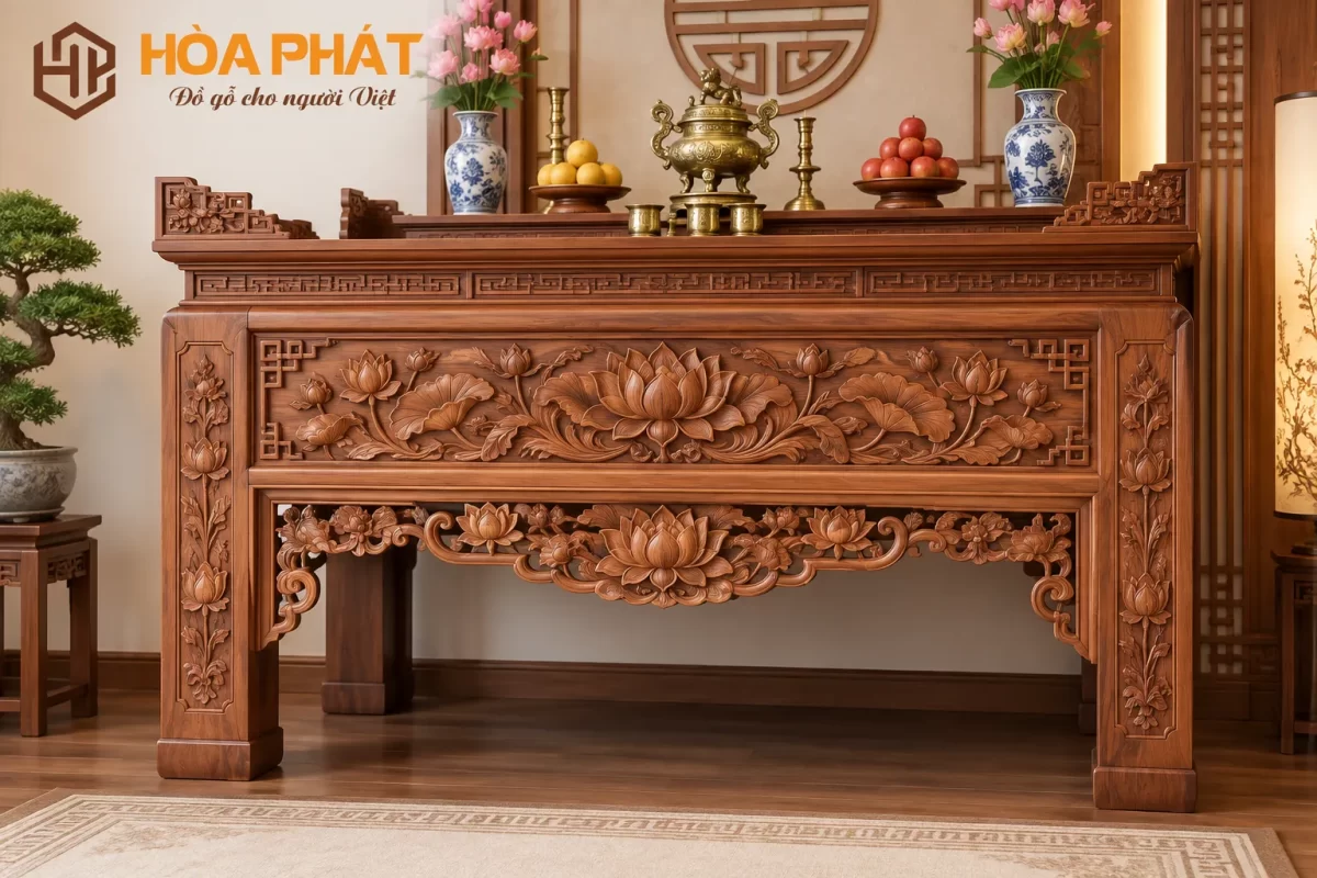 Chi tiết hoa sen được chạm khắc trên Sập Thờ gỗ tự nhiên