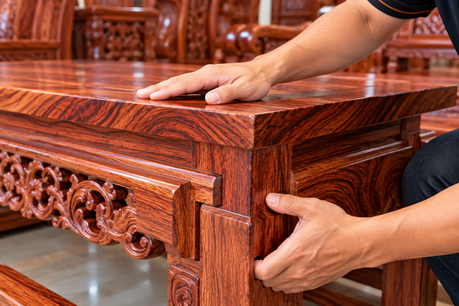 Kiểm tra độ chắc và kết cấu của gỗ khi lựa chọn nội thất gỗ hương.