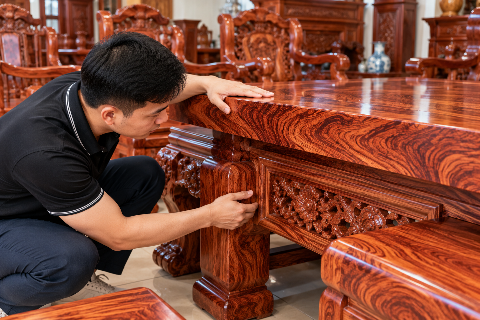 Khách hàng nên kiểm tra nhiều vị trí trên sản phẩm gỗ hương trước khi lựa chọn.