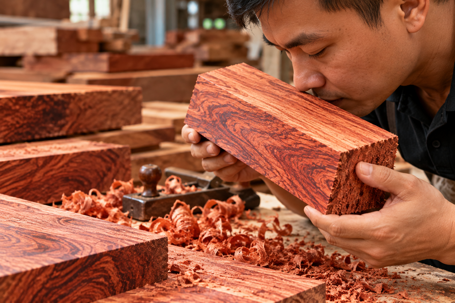 Kiểm tra bề mặt gỗ mới gia công giúp cảm nhận đặc điểm của vật liệu rõ hơn.