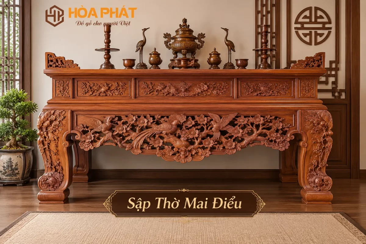 Họa tiết mai điểu tạo nét mềm mại cho mẫu Sập Thờ truyền thống