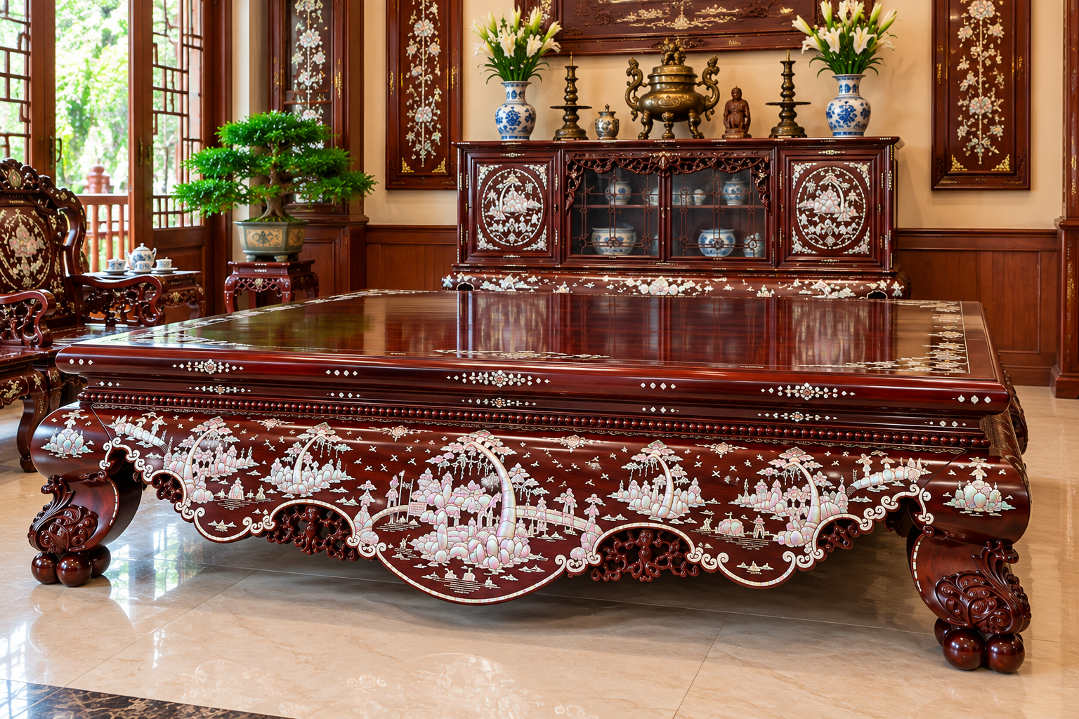 Sập gỗ Đồ Gỗ Hòa Phát tạo điểm nhấn sang trọng cho không gian nội thất.