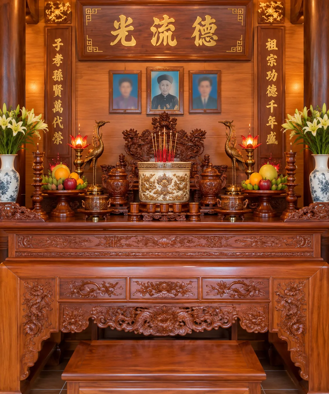 Bát hương được đặt ở vị trí trung tâm trên bàn thờ gia tiên