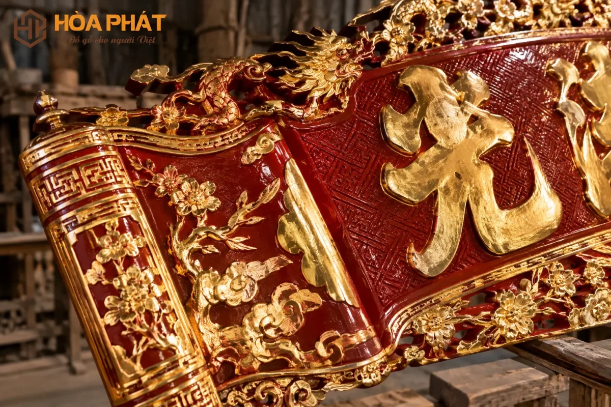 Sơn son thếp vàng tạo vẻ nổi bật và trang nghiêm cho Hoành Phi Câu Đối
