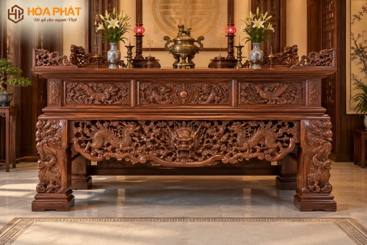 Sập Thờ Tứ Linh chạm khắc thủ công với họa tiết Long – Lân – Quy – Phụng