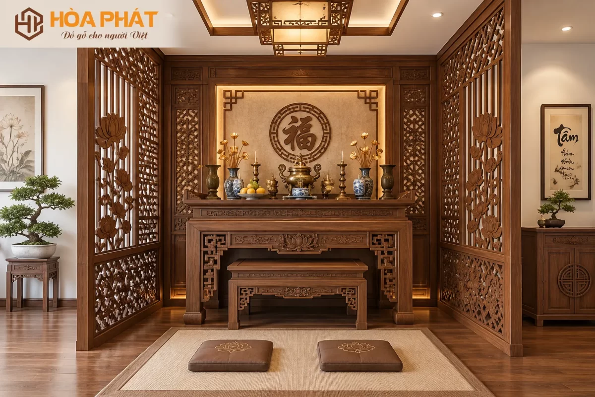 Vách CNC kết hợp cùng bàn thờ và sập thờ tạo nên tổng thể nội thất phòng thờ đồng bộ.