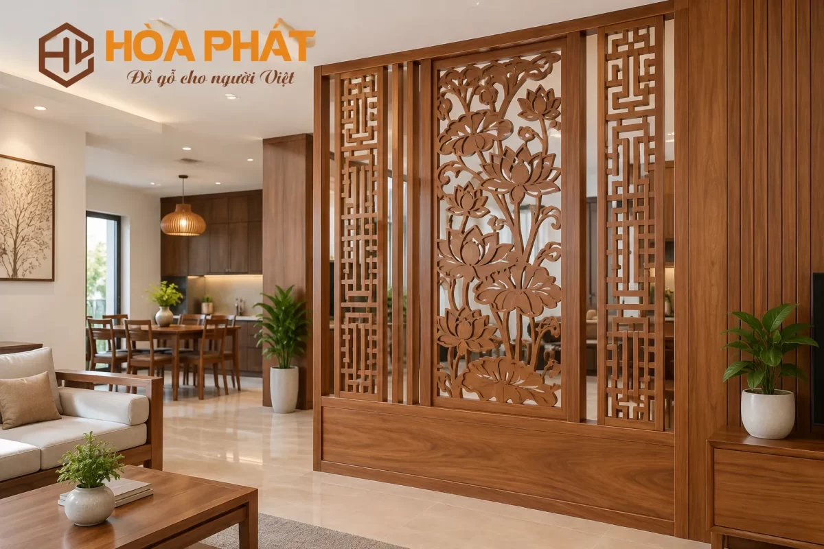 Vách ngăn Phòng Thờ CNC bằng gỗ Gụ tự nhiên mang màu nâu trầm và phù hợp với phong cách nội thất phòng thờ truyền thống.